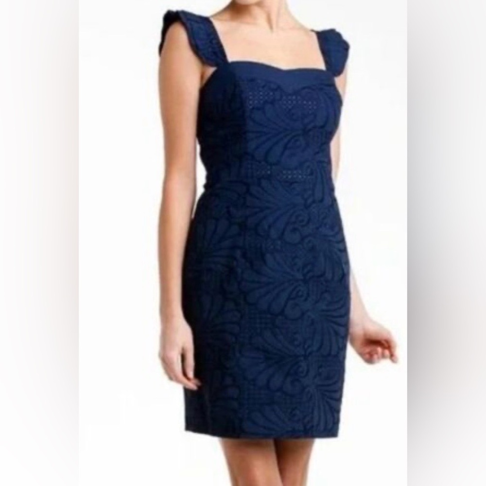 Lilly Pulitzer Deep Blue Floral Midi Dress Size 8 – Elegant Navy Cocktail Dress
